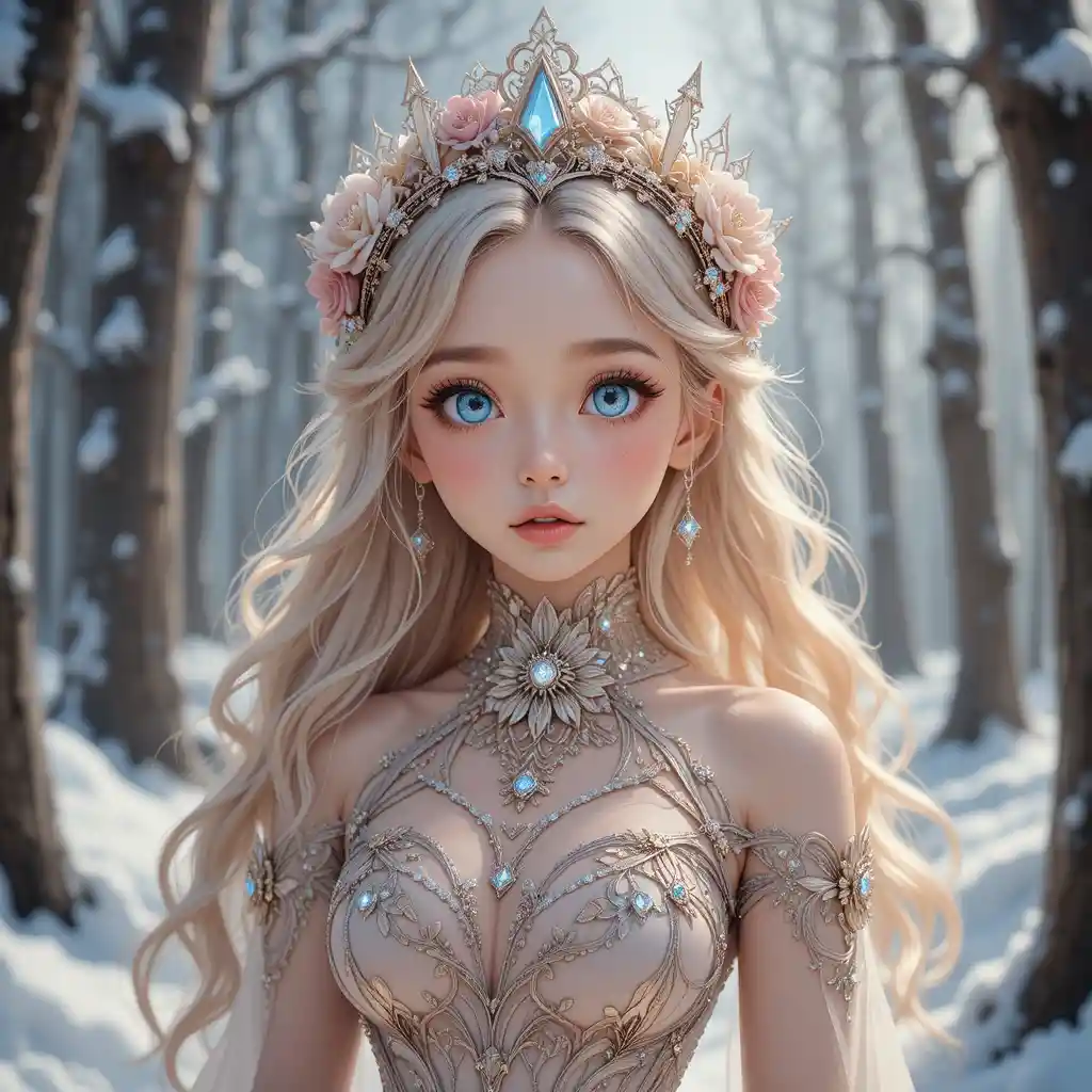 Anime girl in a crystal floral dress in winter forest