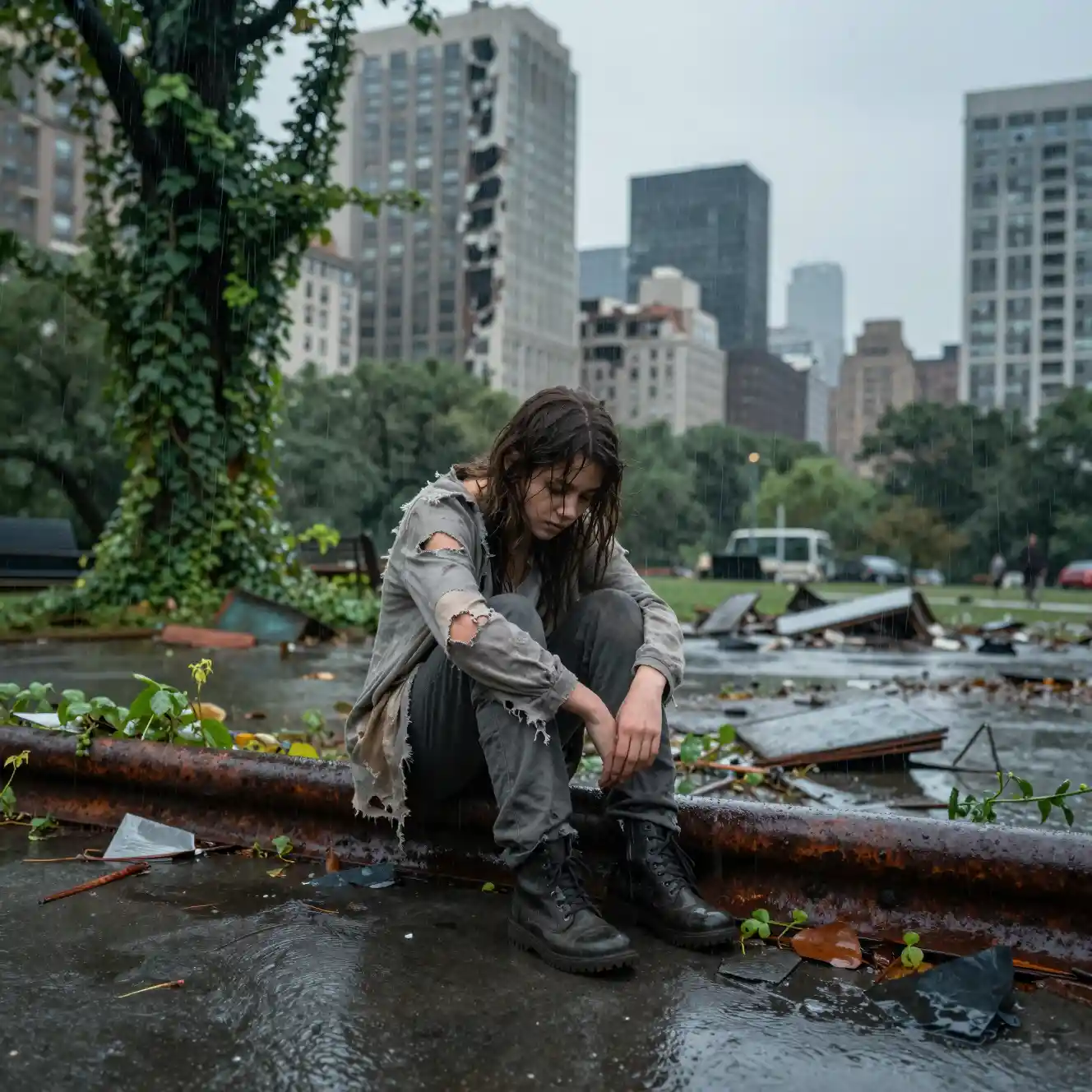 Girl in tattered clothes on a bench in ruined city park