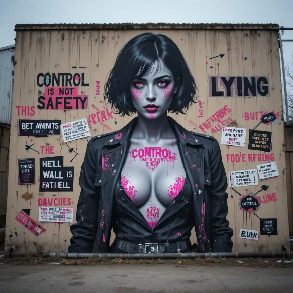 Glitch street mural of a defiant femme figure on concrete