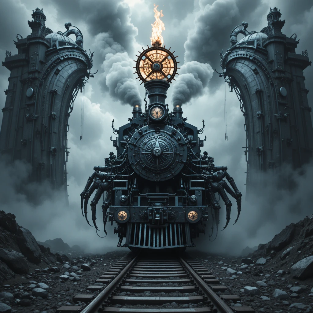 Mechanischer Schädel-Hybrid bewacht feurige höllische Bahntore