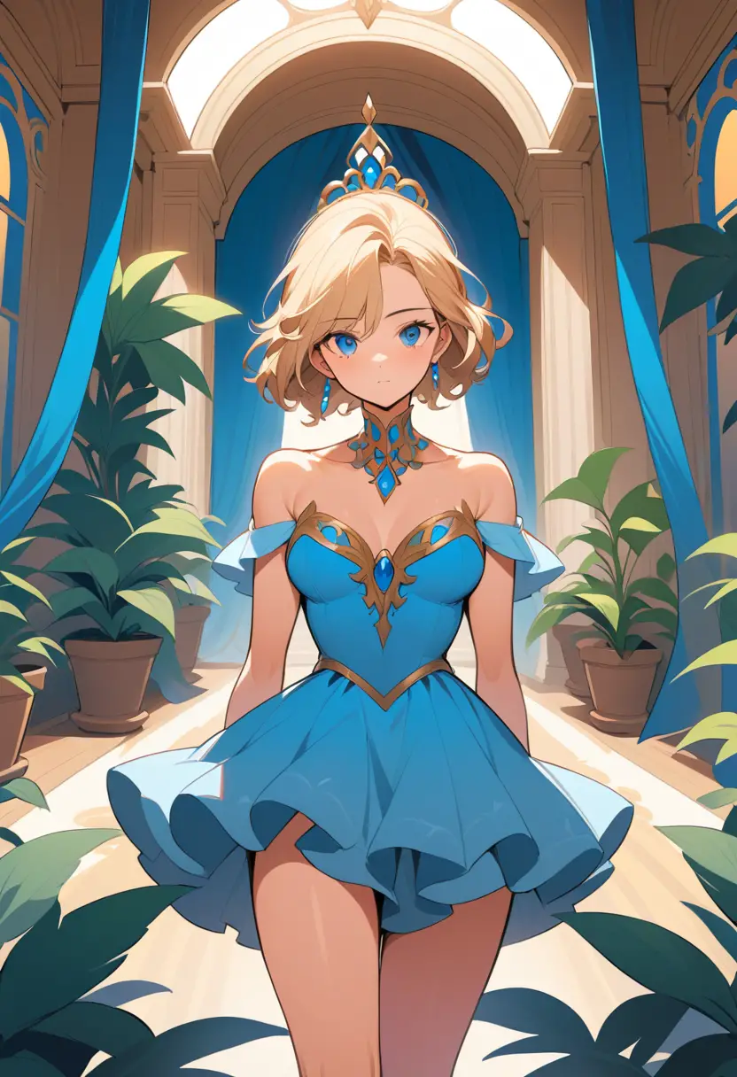 Mulher elegante em vestido azul ao lado de uma grande escadaria
