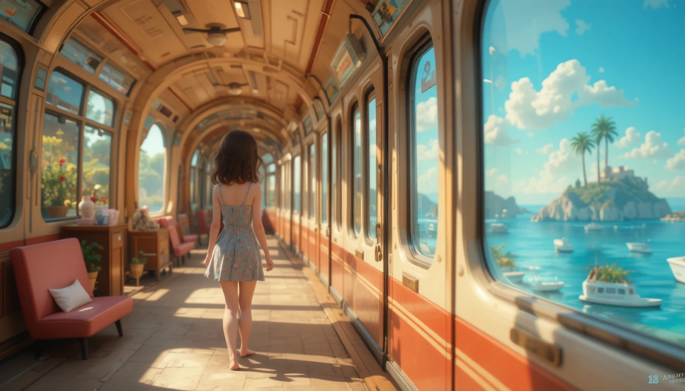 Verspielter 3D-Zug im Cartoon-Stil auf sommerlicher Urlaubsreise