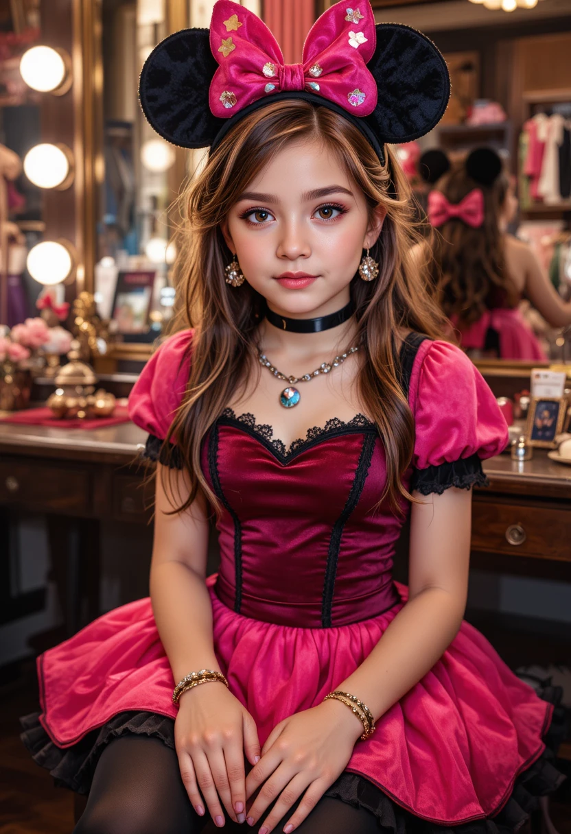 Junger Junge im pinken Minnie-Kleid an einer Boutique-Schminkkommode