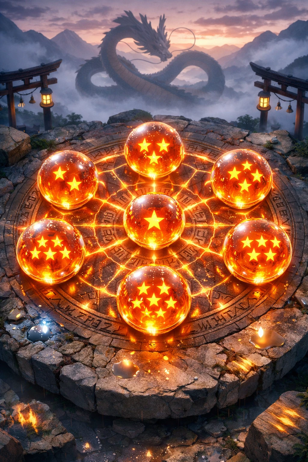 Sieben leuchtende Kristallkugeln in einem Anime-Mandala-Kreis