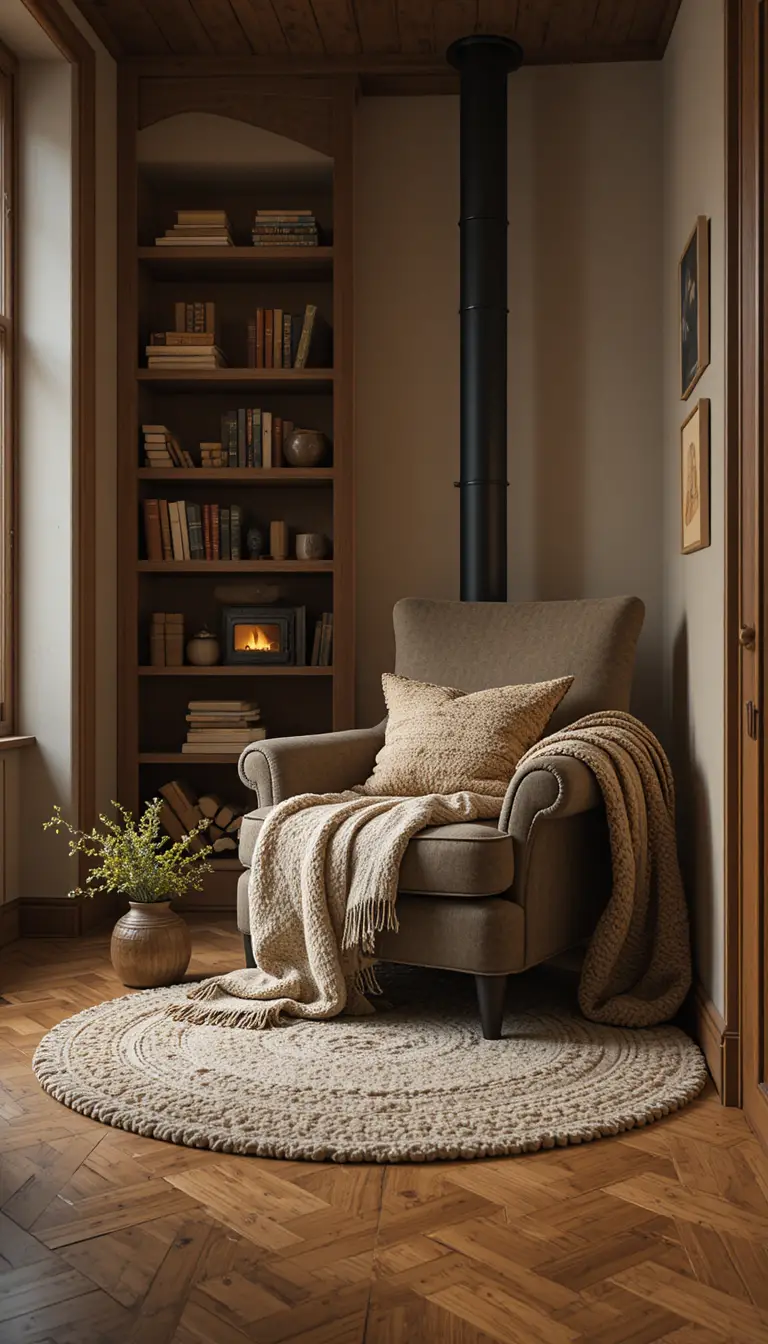 Cozy armchair reading nook with stove and bookshelf