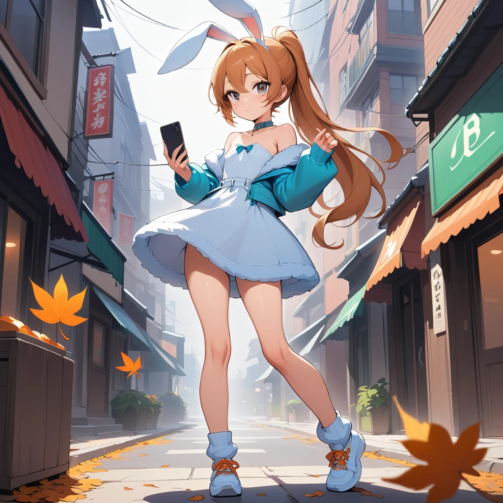 Garoto andrógino de anime tirando selfie em rua da cidade
