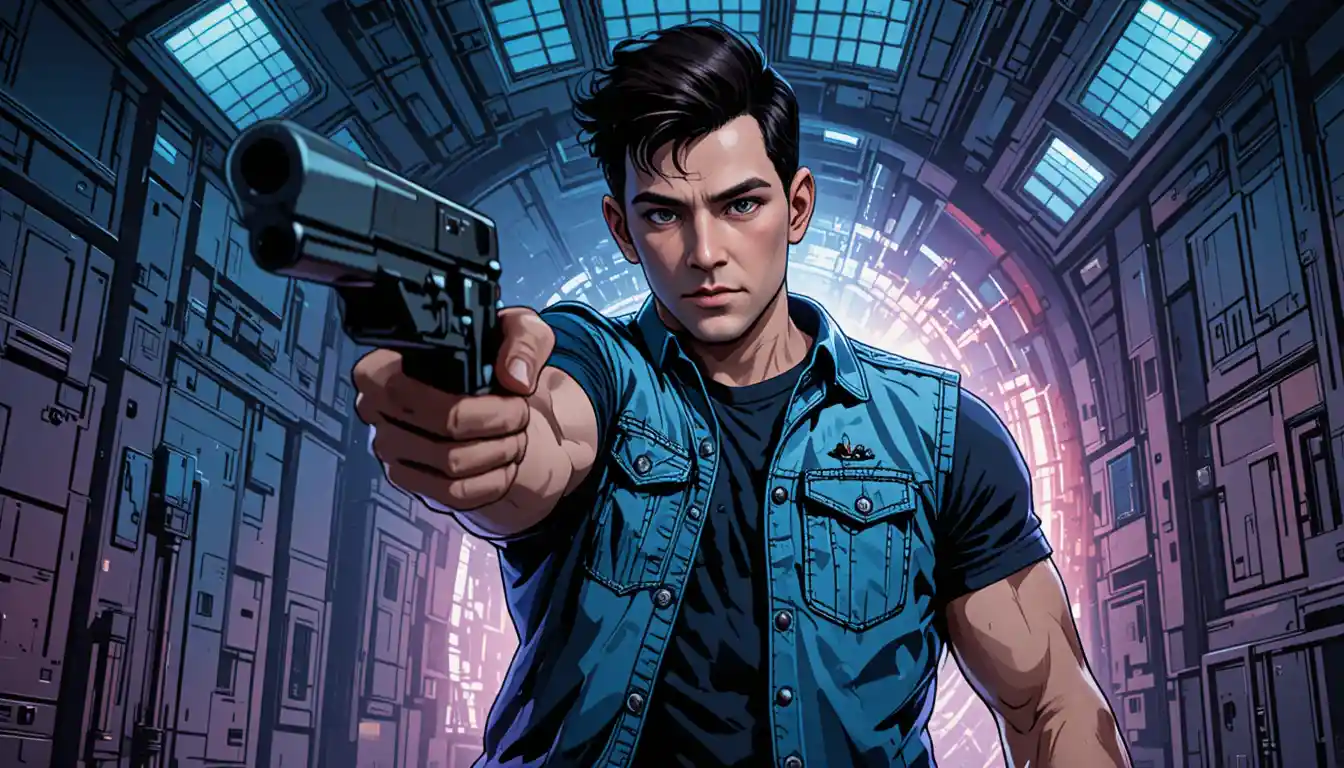 Uomo muscoloso che mira con una pistola in una stanza metallica futuristica