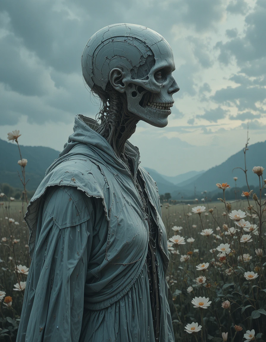 Close up of a decayed skeletal figure in tattered fabric