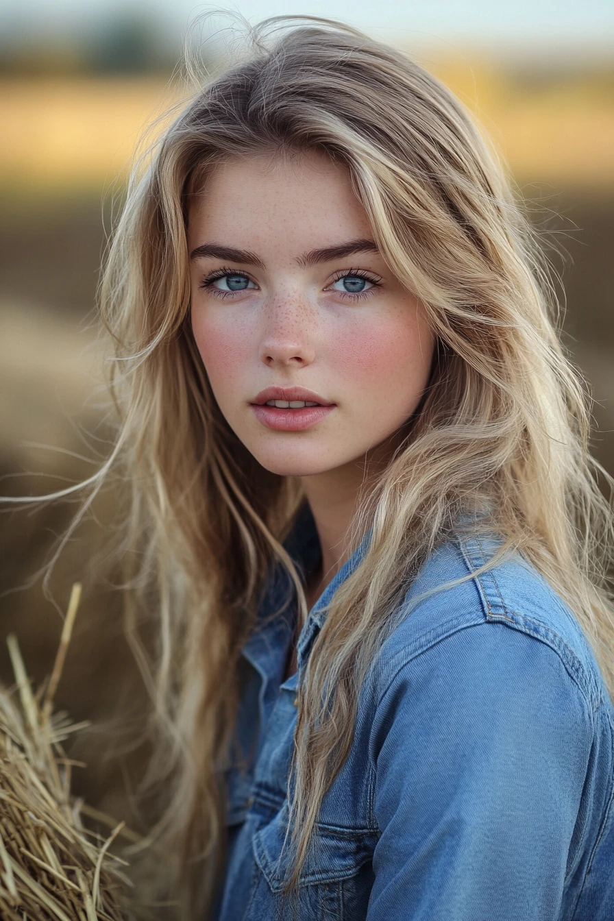 Smiling blonde farm girl stacking hay bales outdoors