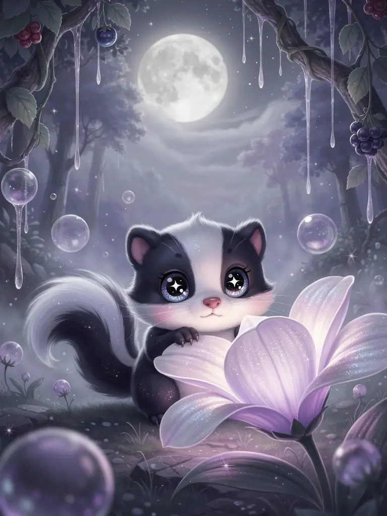 Süßes Chibi-Stinktier, das aus leuchtender Blume in der Nacht hervorlugt