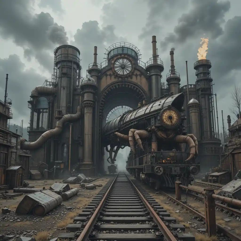 Mechanical skull towers and machinery at the fiery gates of hell
