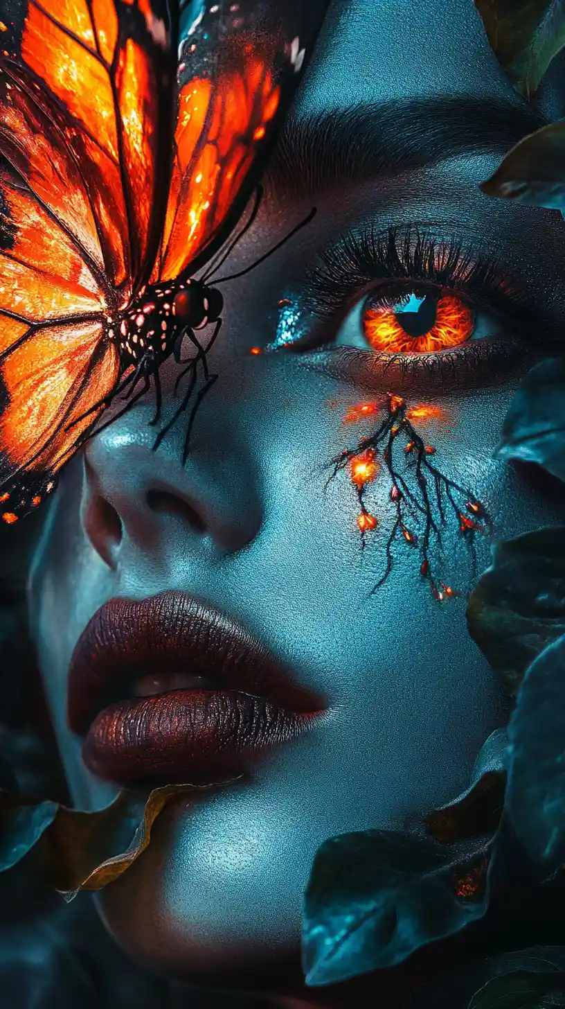 Portrait surréaliste de femme avec papillon et forêt lumineuse