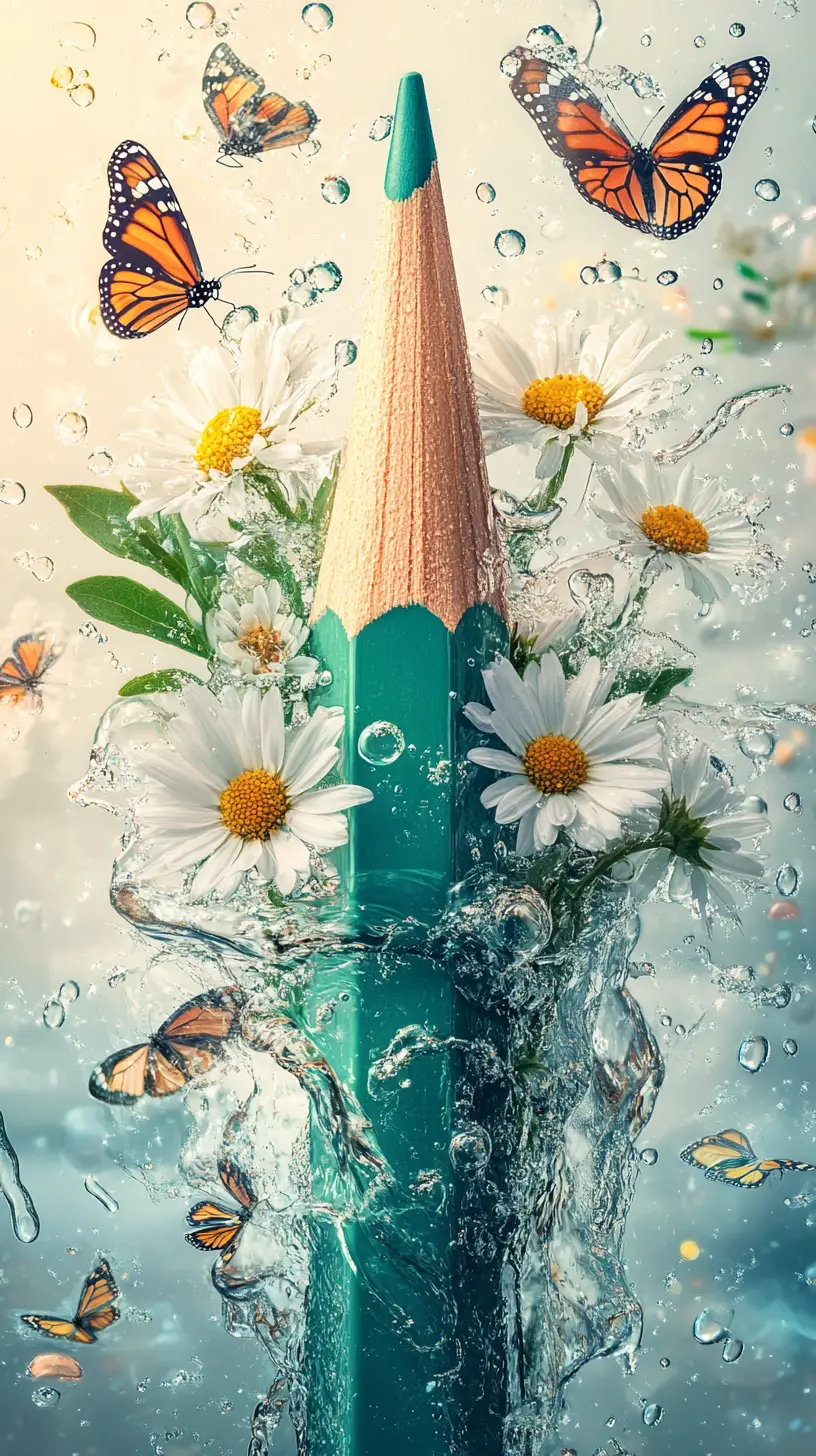Surrealer türkisfarbener Bleistift unter Wasser mit Gänseblümchen und Schmetterlingen