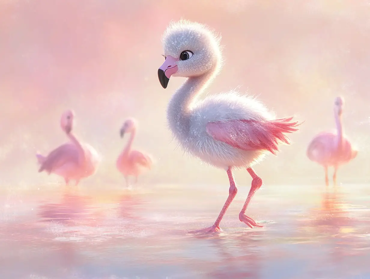 Flamingo-Küken im ruhigen Küstenlagunen-Aquarell