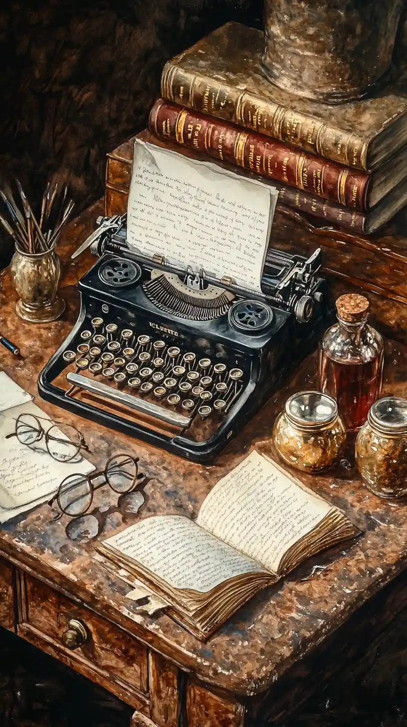 Vintage Typewriter And Writing Tools On A Worn Desk