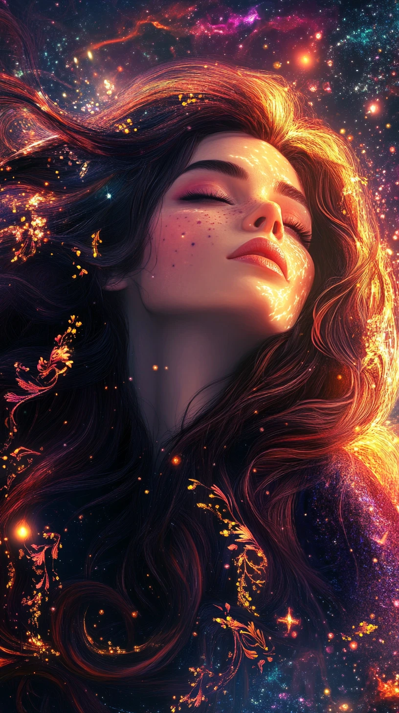 Mujer cósmica etérea con cabello de nebulosa y ojos cerrados