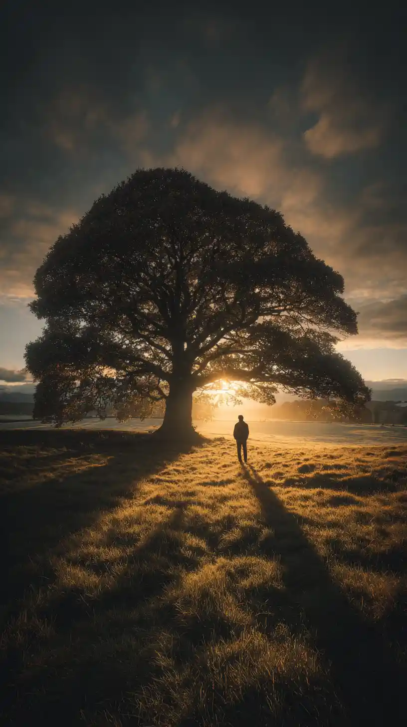 Figura solitaria sotto un antico albero al tramonto dorato