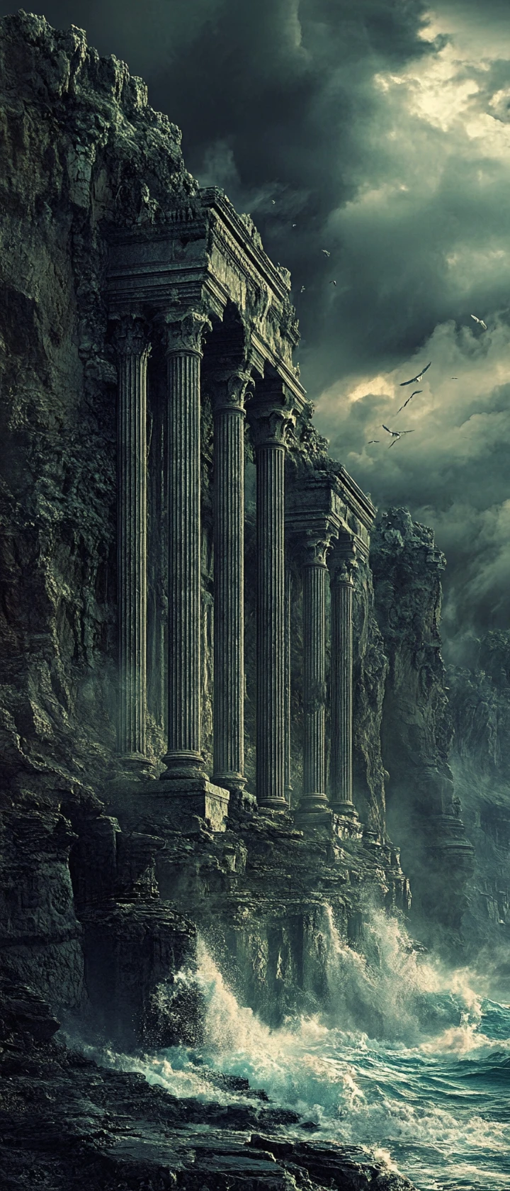 Anciens temples à flanc de falaise sous des nuages d’orage vus d’en bas