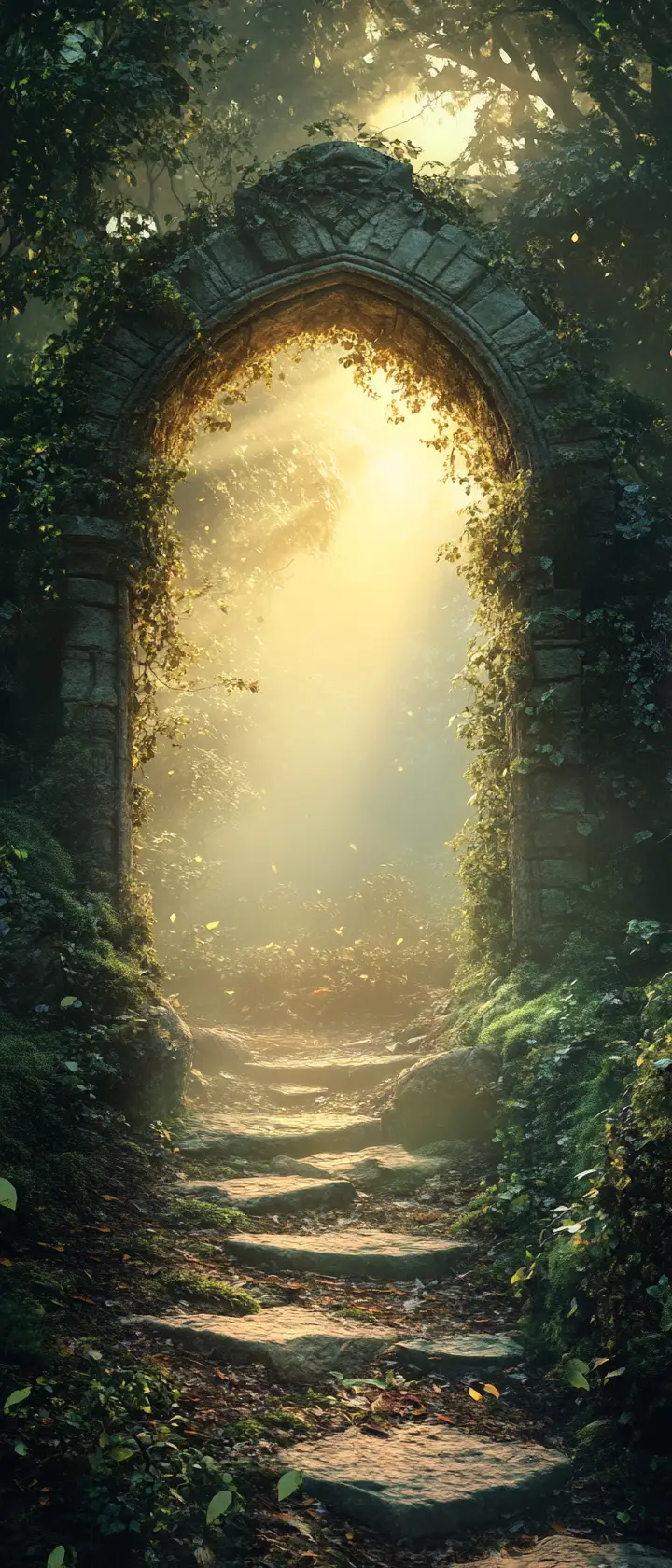 Antiga trilha na floresta levando a um portal de pedra brilhante