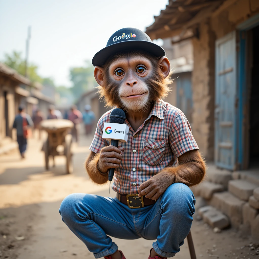Mono reportero de noticias en una aldea rural de la India