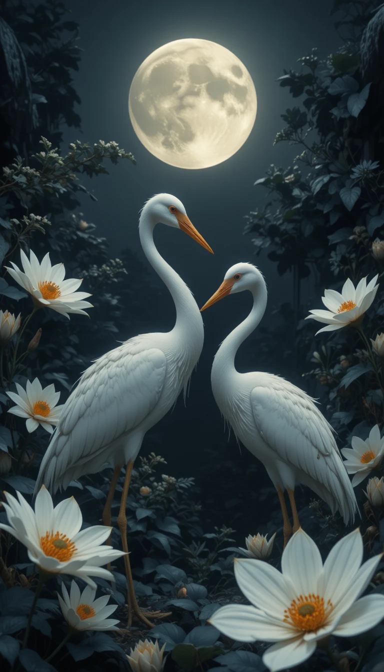 Elegantes garças-brancas sob uma lua cheia radiante