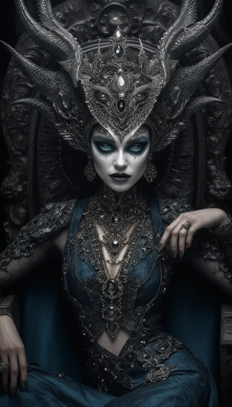 Rainha demoníaca em trono barroco em retrato de fantasia sombria