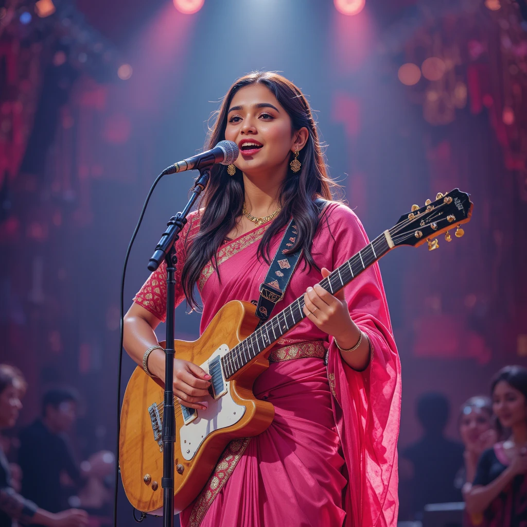 Giovane cantante indiana in sari rosa scuro sul palco
