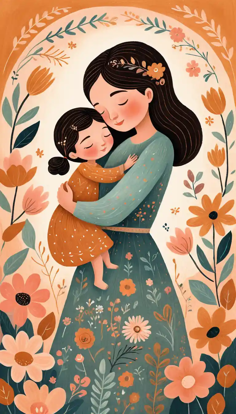 パステルイラストの、母に抱きしめられる子どものほっこりフォークアート