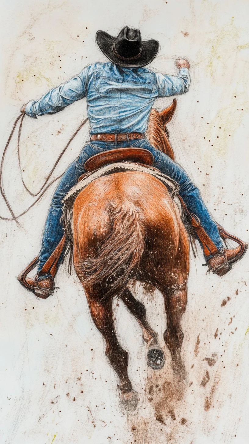 Cowboy arremessado de um bronco empoeirado em arena de rodeio