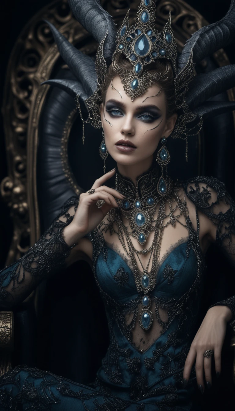 Rainha demoníaca de fantasia em trono barroco com coroa de dragão com chifres