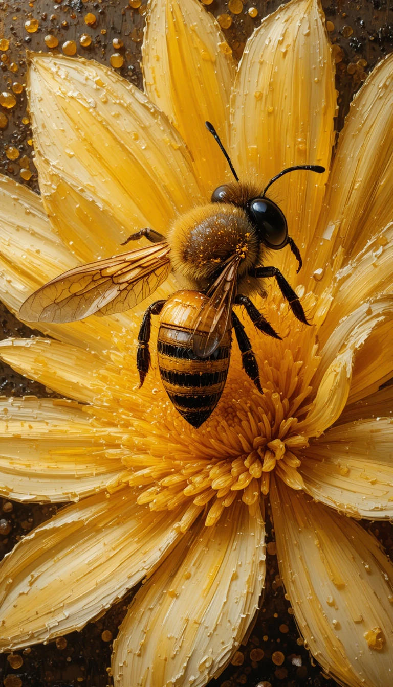 Golden oil painting of a single bee in rich warm colors