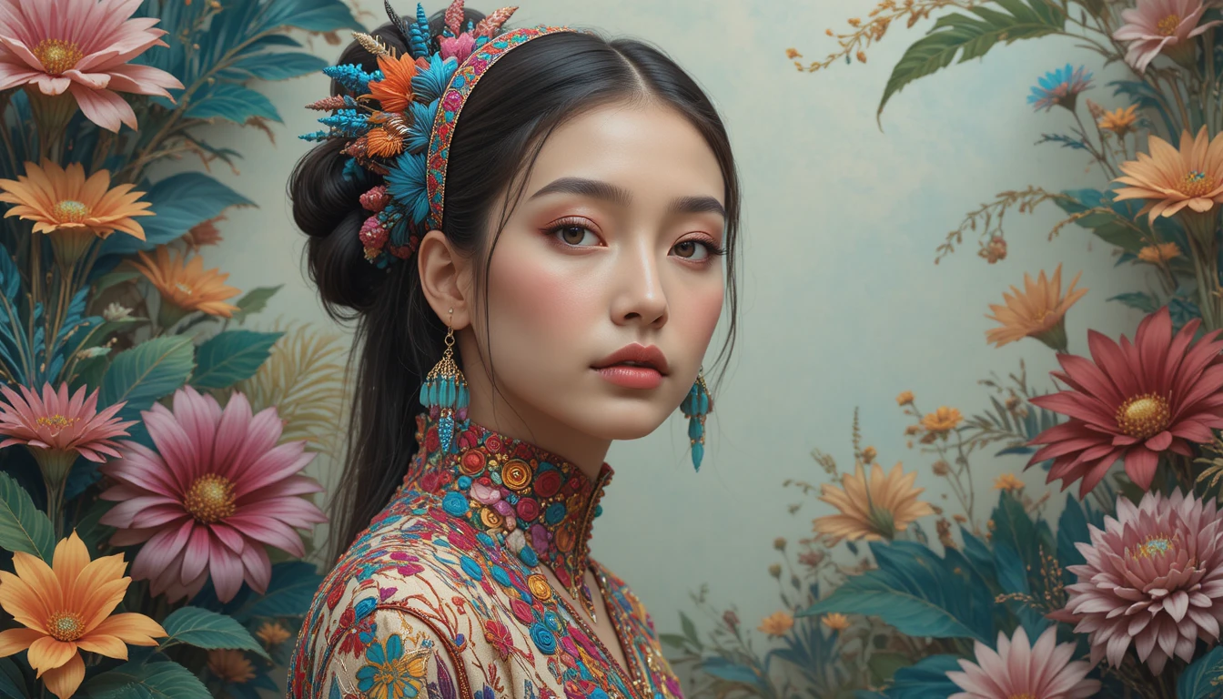 Elegante Fantasiefrau mit Perlenfedern und tropischen Blumen