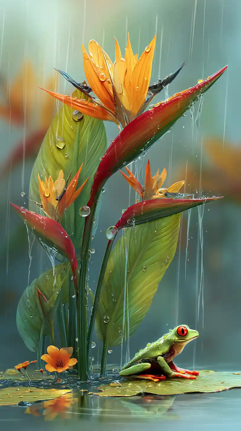 Close up bird of paradise in rain with tree frog