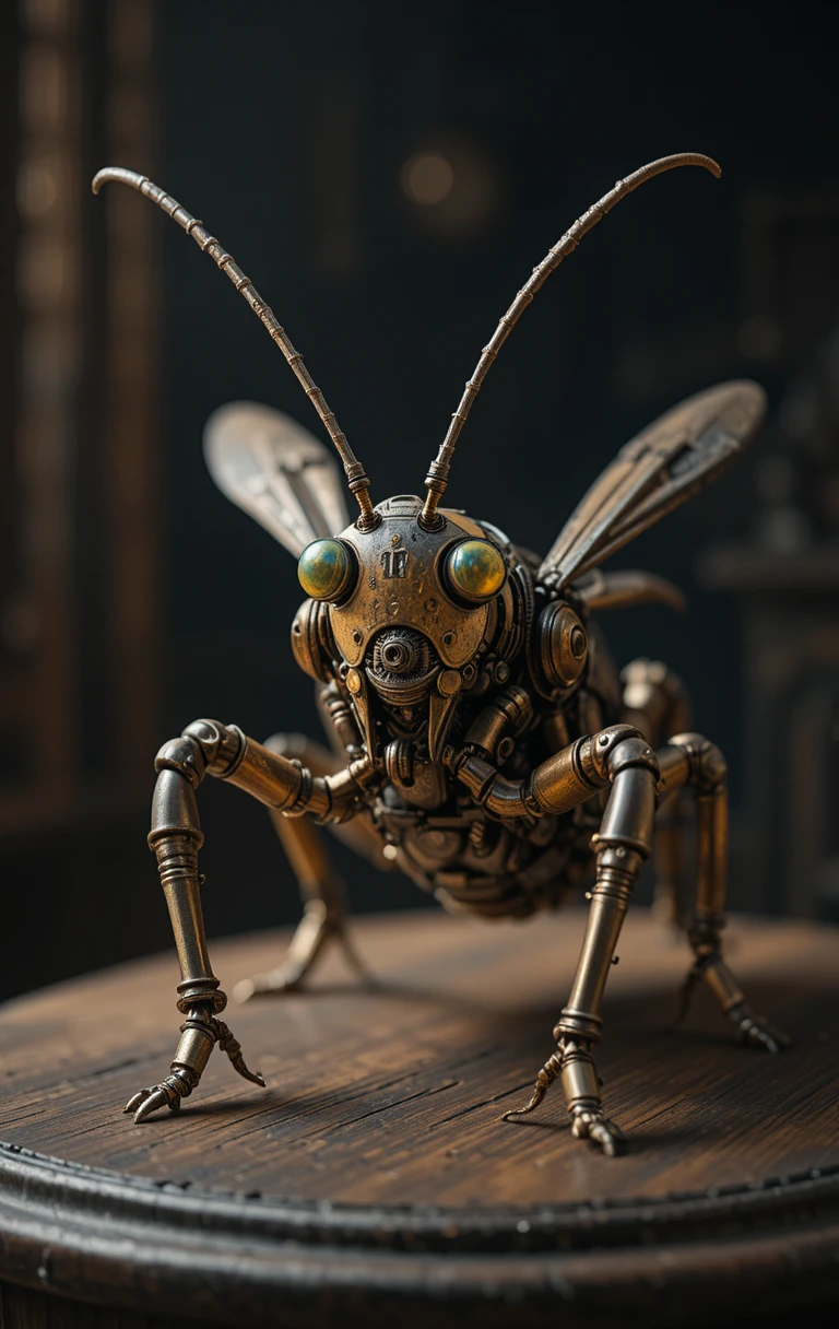 Hyperrealistische Steampunk-Kricketmaschine auf Holzsockel