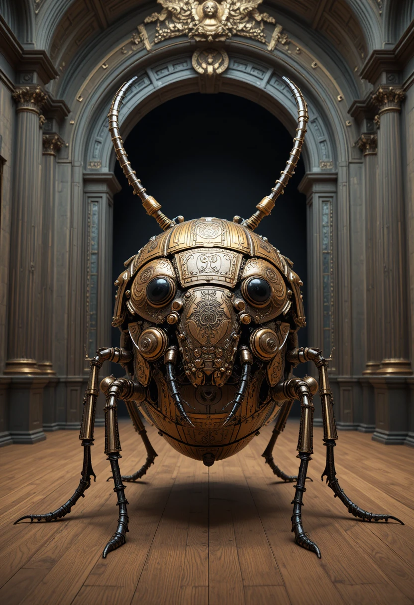 Besouro mecânico steampunk em um grande salão vitoriano