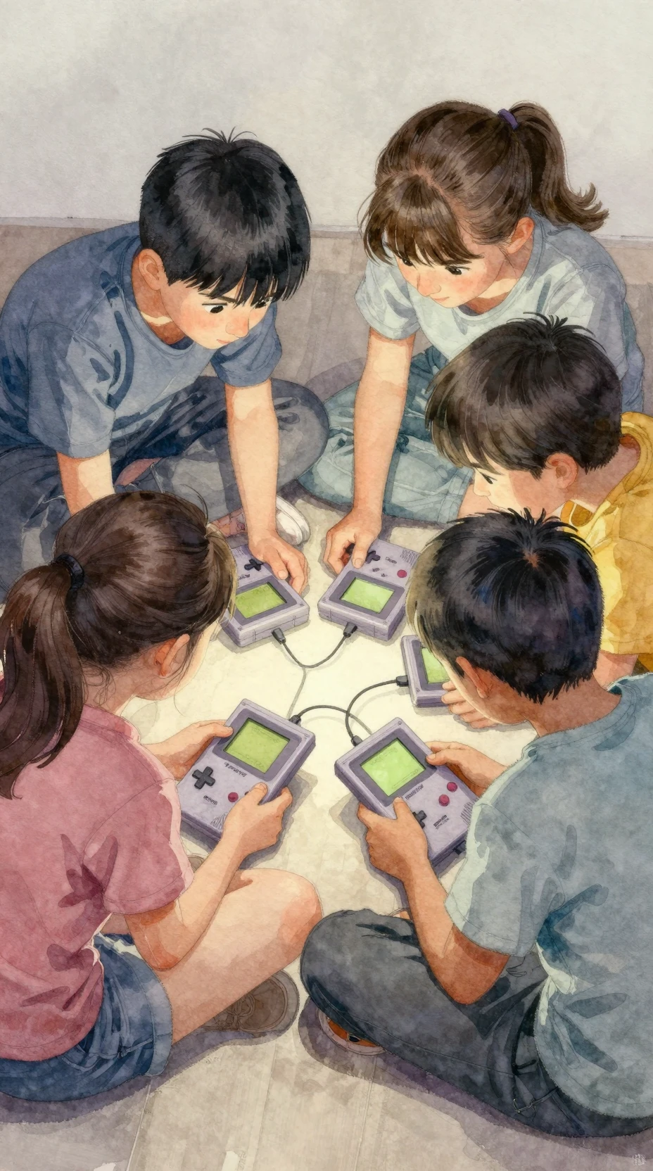 Enfants en aquarelle serrés autour de consoles de jeu portables lumineuses