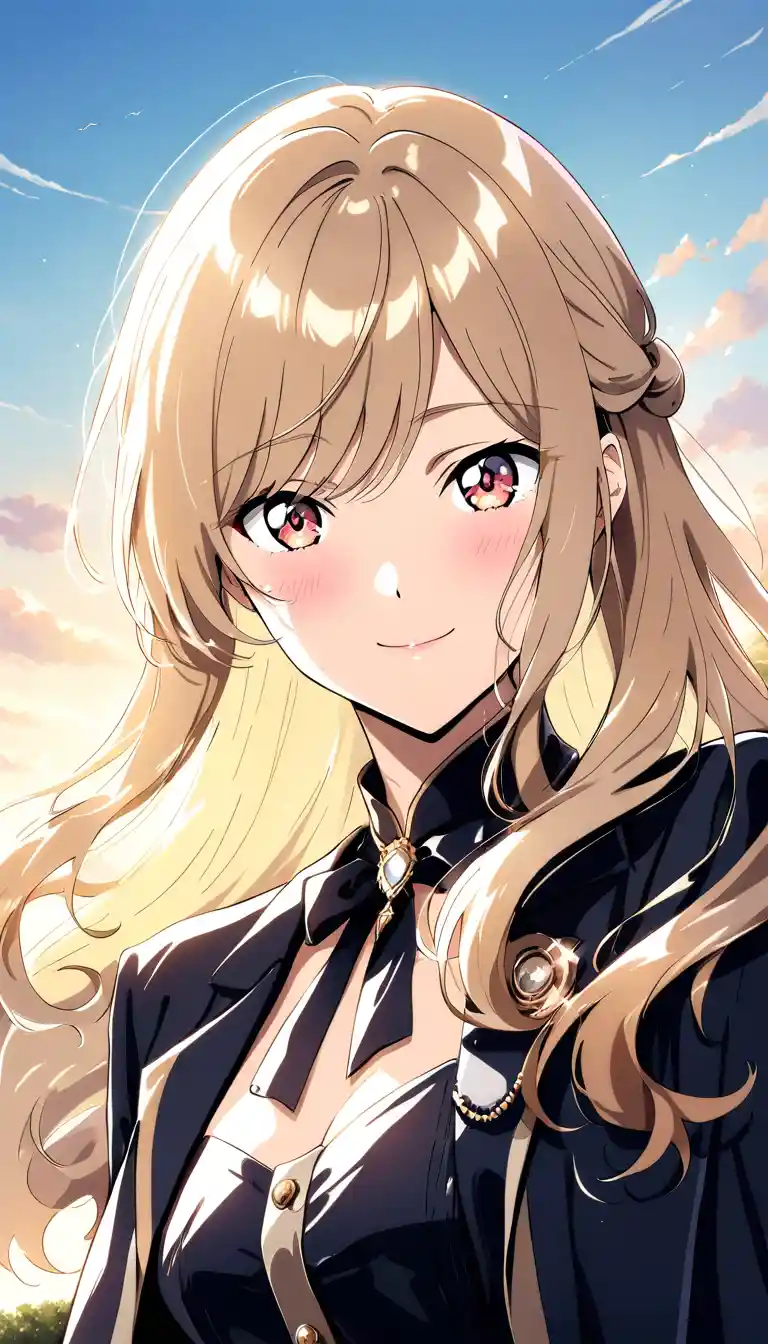 Shy anime girl at dawn with warm hazel eyes