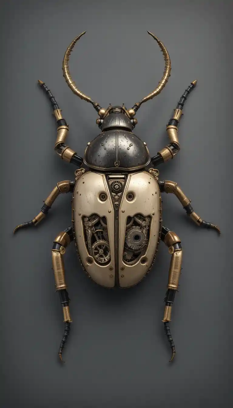 Steampunk-Mechanischer Käfer als Skulptur in symmetrischer Draufsicht