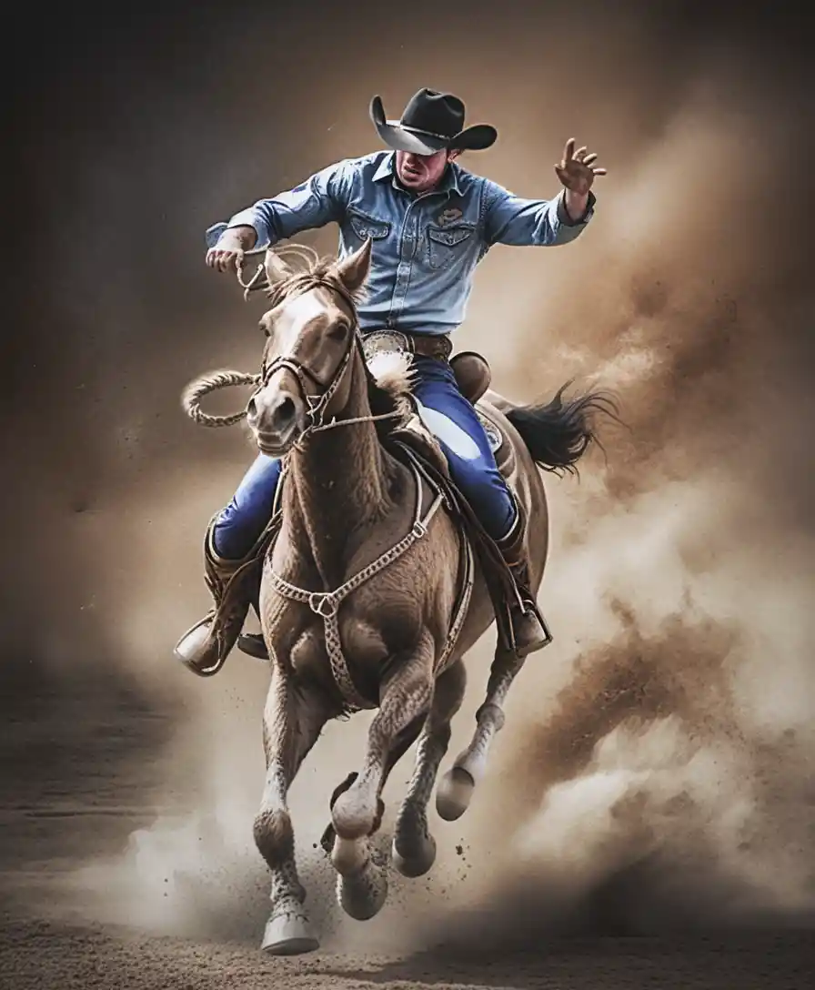 Cowboy arremessado de bronco empoeirado em arena de rodeio