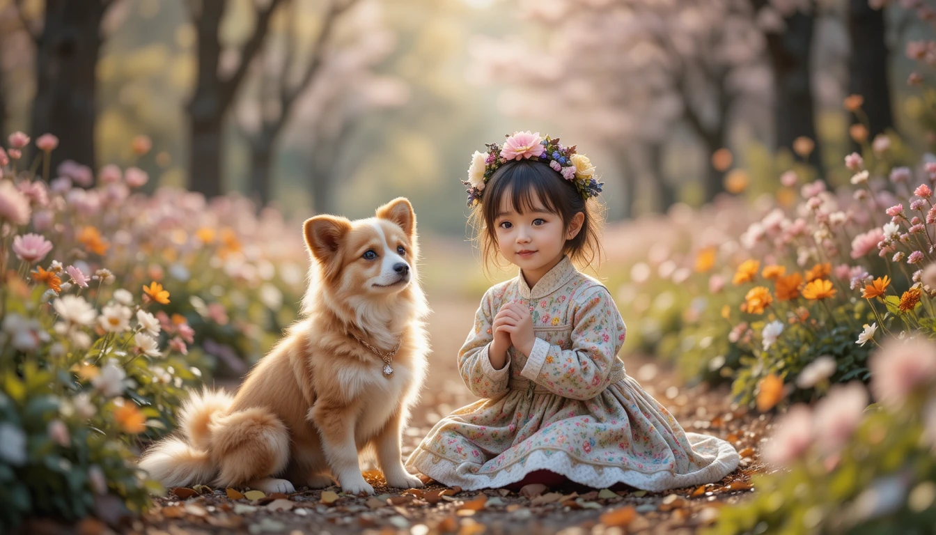 Cute girl and dog in a cozy floral national park scene
