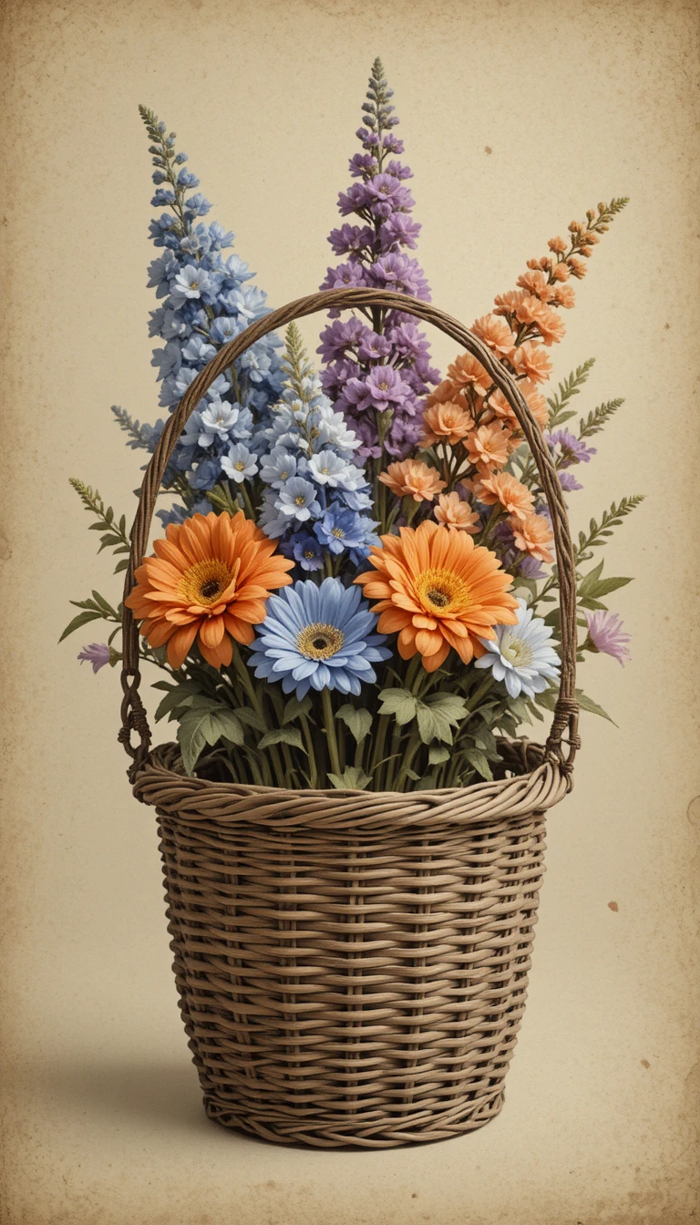 Woven basket of colorful flowers on a vintage sepia background