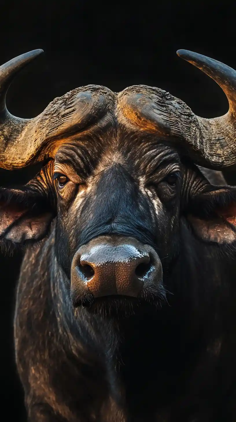 Retrato majestoso em close de um búfalo com chifres na sombra