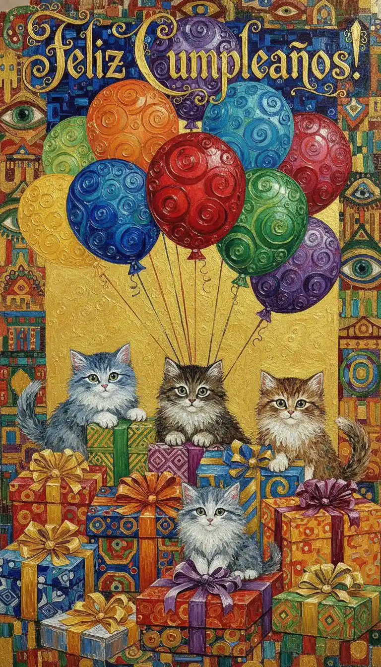 Biglietto di compleanno colorato con gattini giocherelloni e palloncini