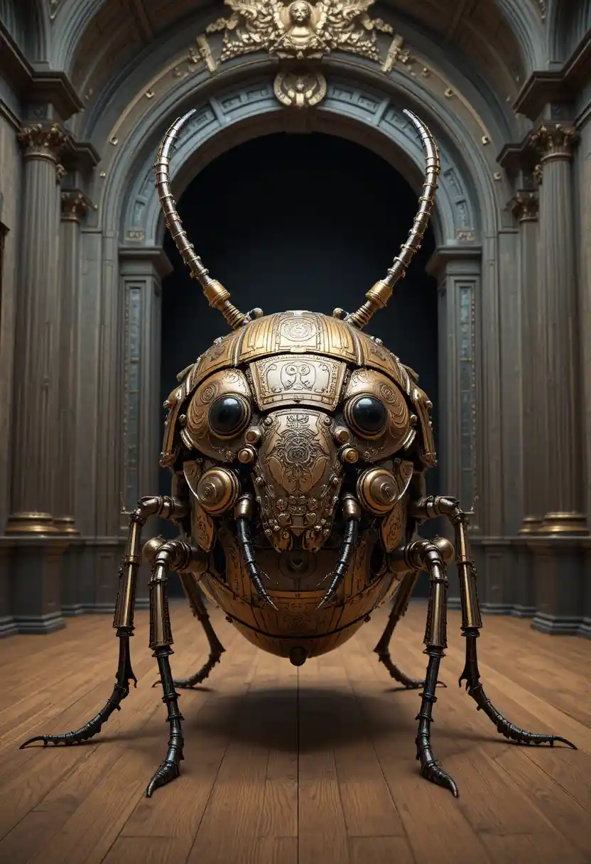 Besouro mecânico steampunk em um grande salão vitoriano
