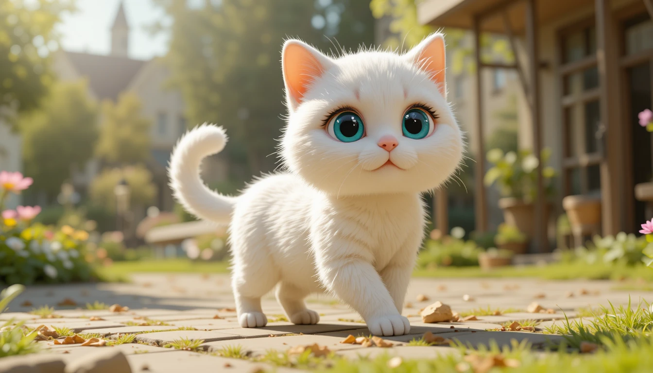Adorável gato branco 3D caminhando ao ar livre no sol quente
