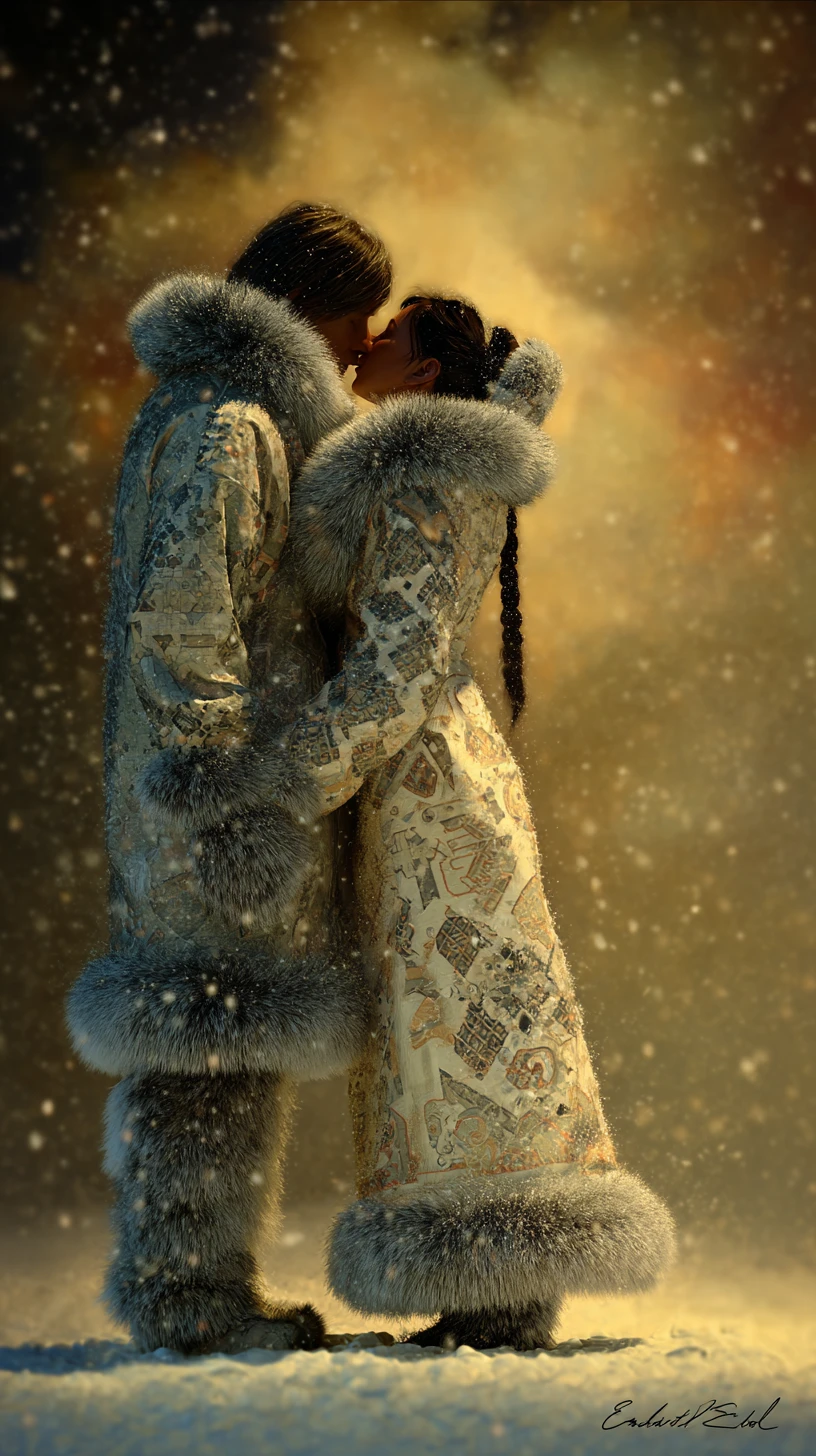 Eskimo couple sharing a gentle kiss under night sky