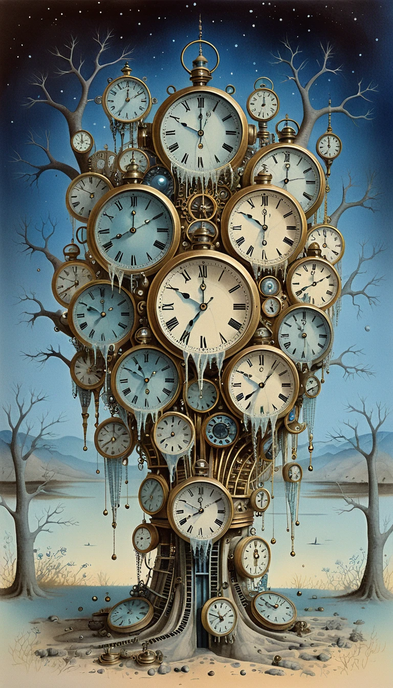 Máquina do tempo steampunk surreal com céu turquesa cósmico