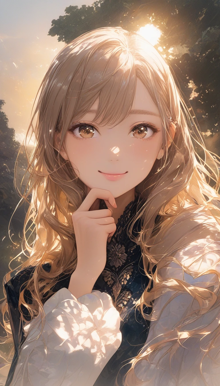 Ragazza anime timida all’alba con un dolce e caldo sorriso