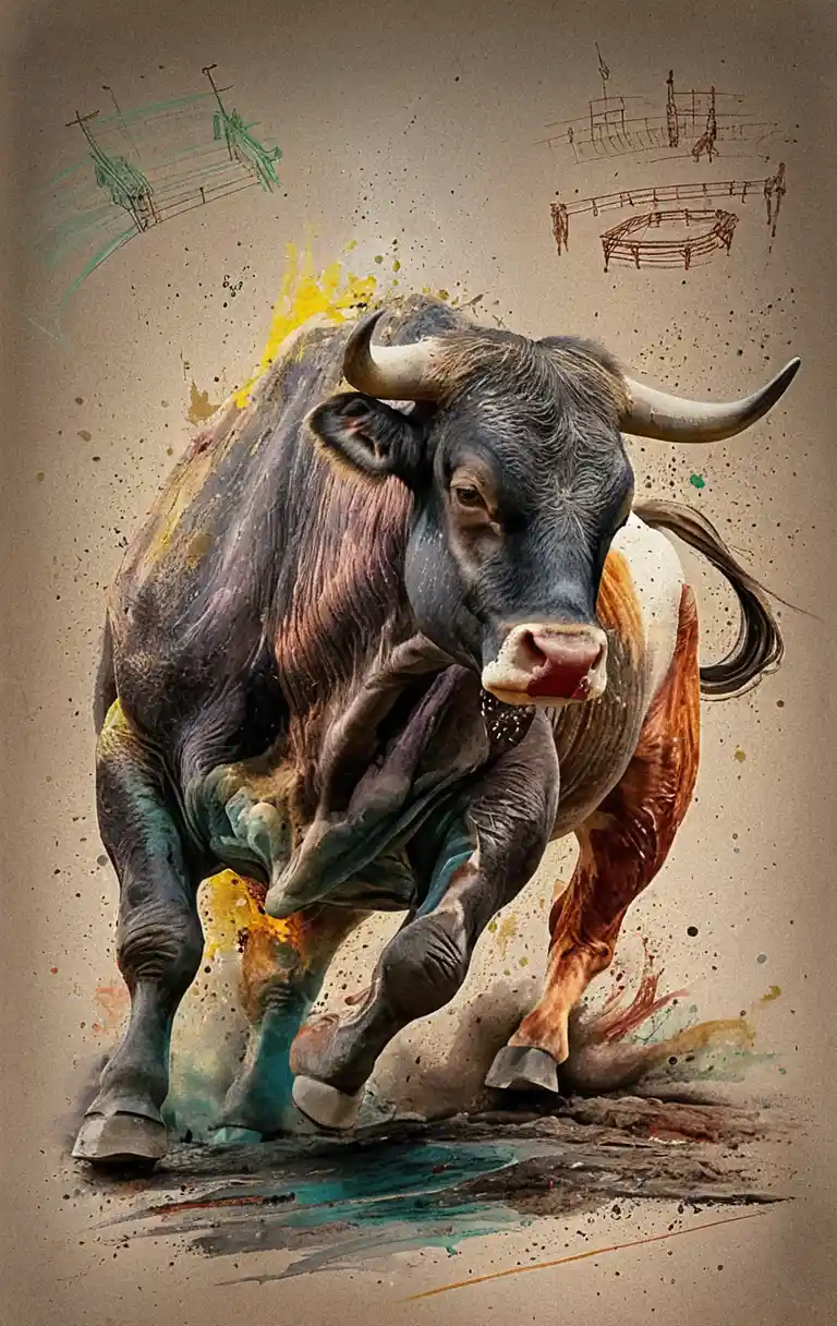 衝鋒中的西班牙公牛戲劇性混合媒材插畫