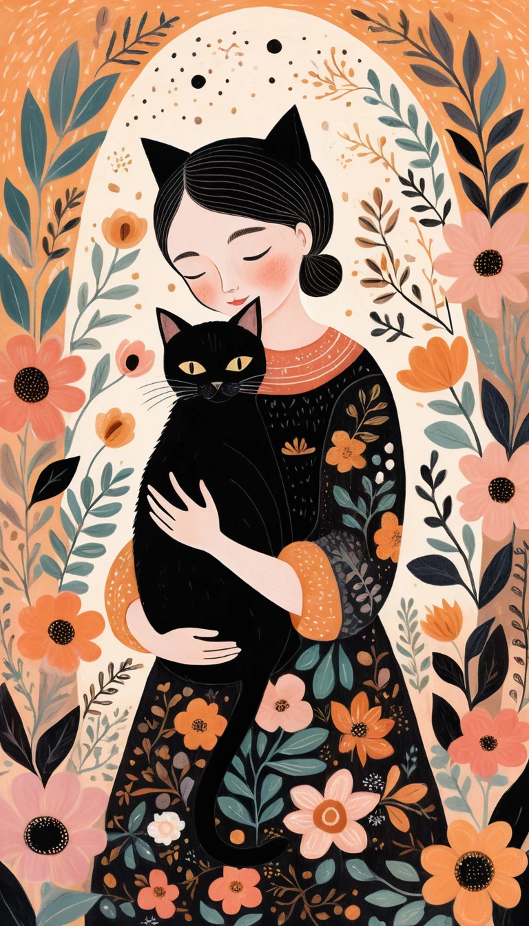 Bambino che abbraccia un gatto nero in stile folk art fiabesco